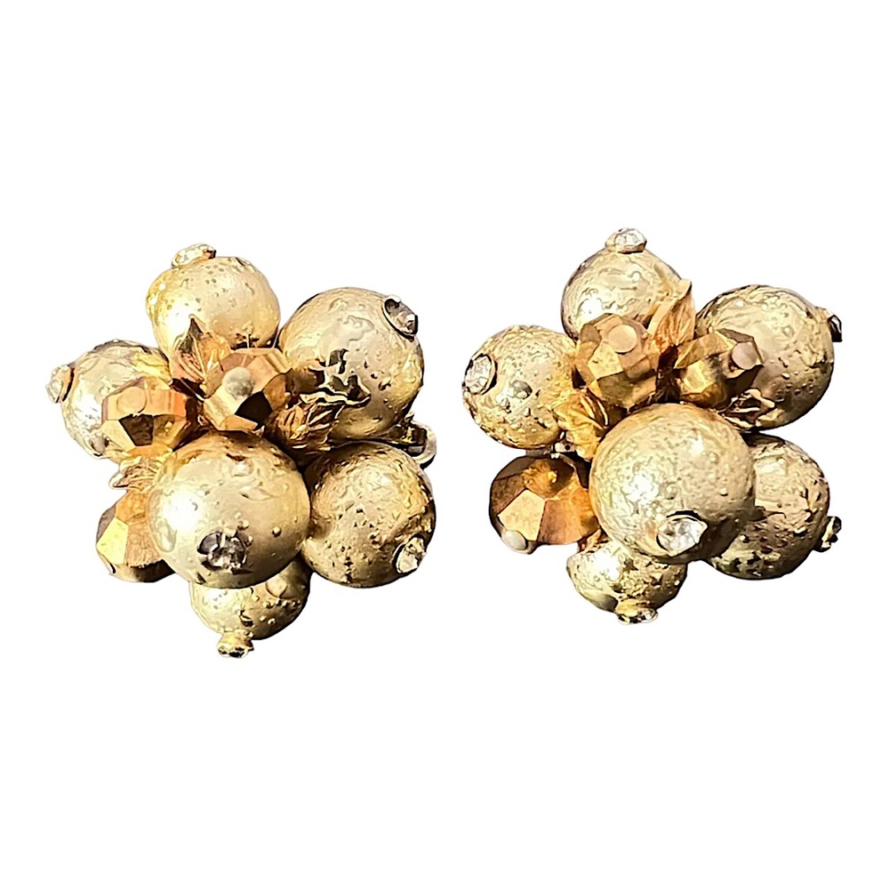 VTG VENDOME SIGNED Clip On Earrings Faux Textured Gold Pearls Crystals Gemstones